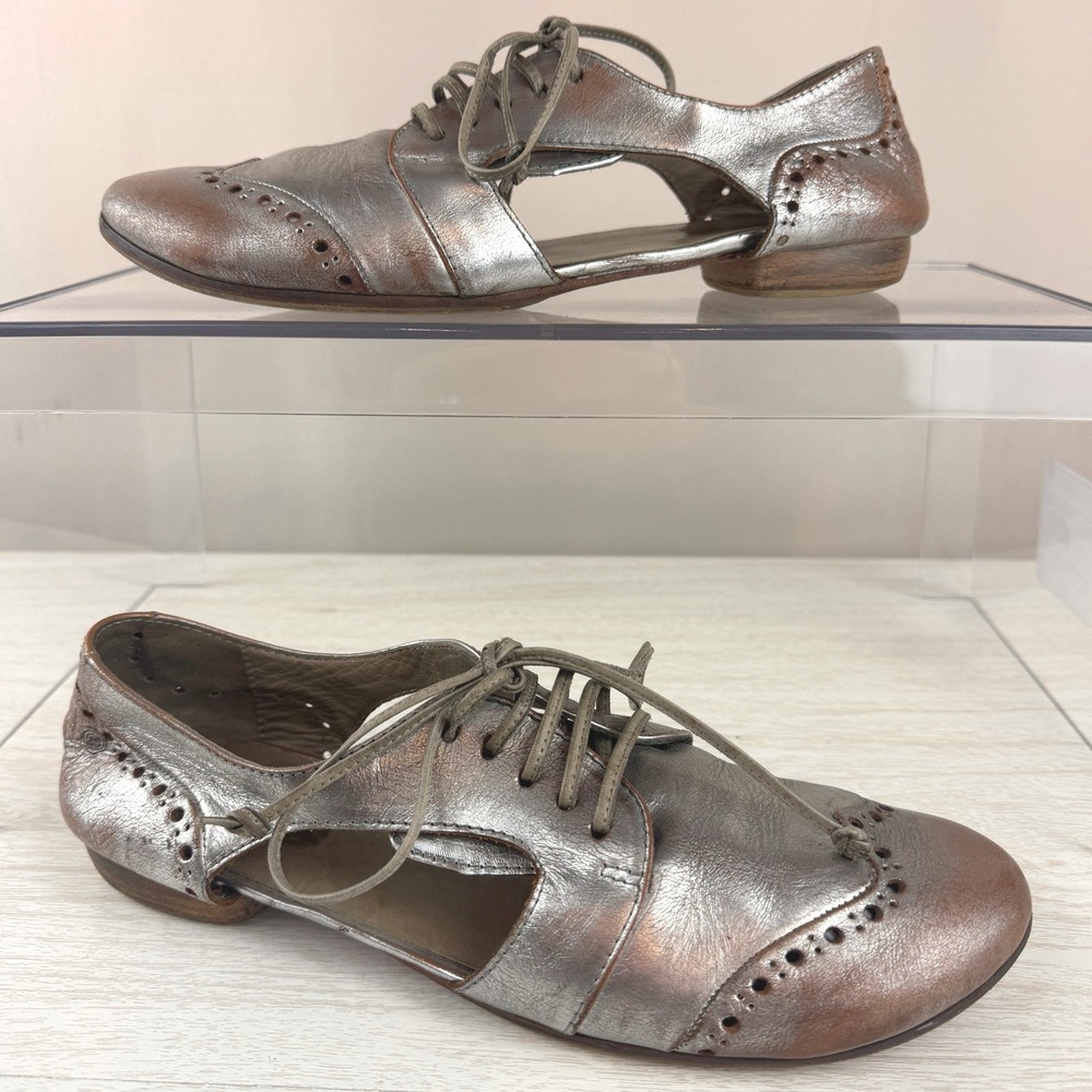 MARSELL Womens (37.5) Metallic Silver Rub Off Oxfords Leather Indie Brogue Italy